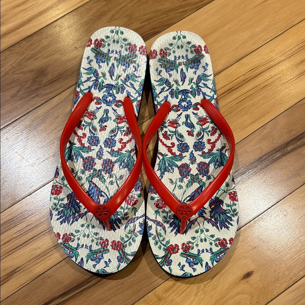 Tory Burch Floral Red Flip Flops